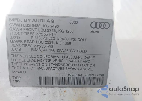 2022 Audi Q5 Premium Plus 45 Tfsi S Line Quattro S Tronic z USA, uszkodzony, nr VIN WA1EAAFY5N2137138